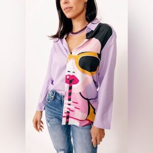NWT Fashion Noma Chic Purple Graphic Lady Button Down Shirt Size Medium